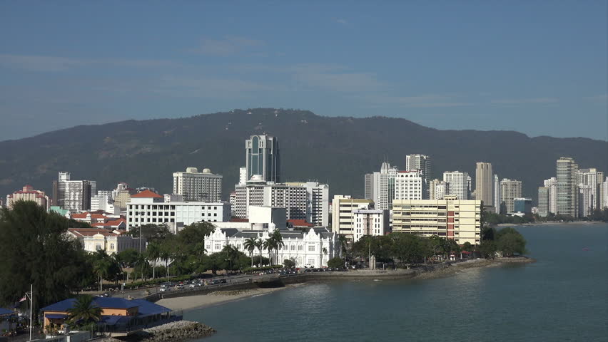 Aerial view of historic George Town city centre skyline, Penang, Malaysia, Asia