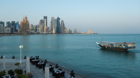 Doha, Qatar - CIRCA DECEMBER 2013: Wide-shot time-lapse Arabian Peninsula and West Bay Central Financial District