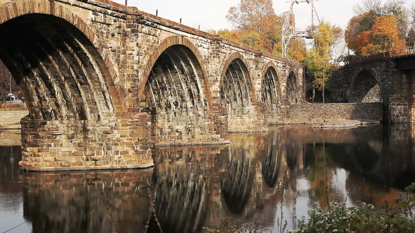 A medium shot of a bridge along the Delaware River in Manayunk, along Kelly Drive.