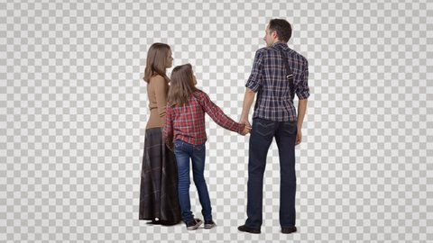 3 people: man, woman & girl stand side by side, wait, talk. Back view. Footage with alpha channel. File format - mov. Codeck - PNG+Alpha Combine these footage with other people to make crowd effect