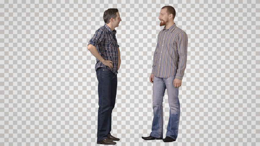 Two young men stand face to face, talk, laugh. Front view. Footage with alpha channel. File format - mov. Codec - PNG+Alpha Combine these footage with other people to make crowd effect