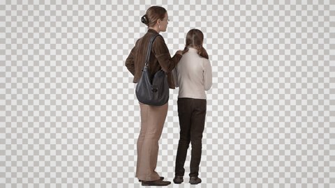 Woman & girl stand side by side, look, show & talk each other. Back view. Footage with alpha channel. File format - mov. Codec - PNG+Alpha Combine these footage with other people to make crowd effect