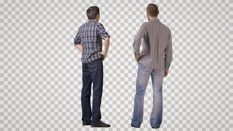 Two young men in casual standing and talking. Back view. Footage with alpha channel. File format - mov. Codeck - PNG+Alpha Combine these footage with other people to make crowd effect