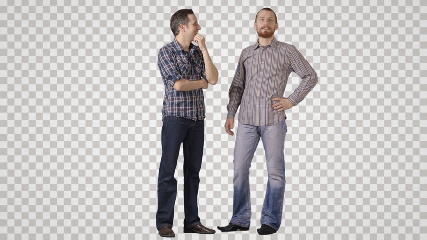 Two men in casual stand side by side, discuss, laugh. Front view. Footage with alpha channel. File format - mov. Codeck - PNG+Alpha Combine these footage with other people to make crowd effect