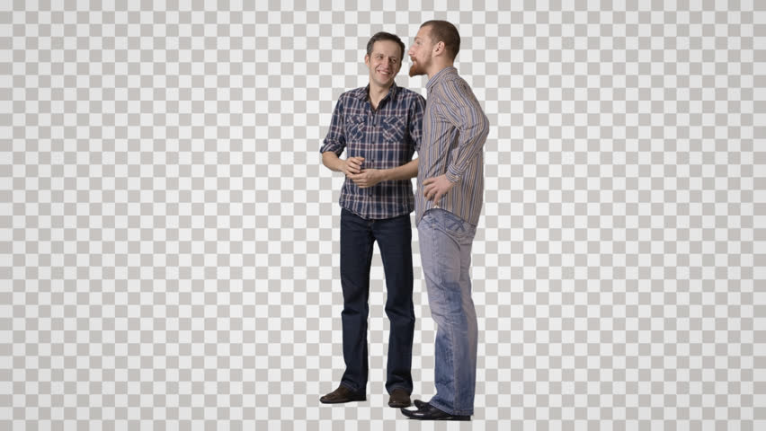 Two men in casual clothing stand side by side, talks, laugh Side view. Footage with alpha channel. File format - mov. Codeck - PNG+Alpha Combine these footage with other people to make crowd effect