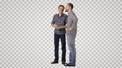 Two men in casual clothing stand side by side, talks, laugh Side view. Footage with alpha channel. File format - mov. Codeck - PNG+Alpha Combine these footage with other people to make crowd effect
