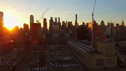New York City Aerial v87 Flying low into West Side Manhattan and over Midtown towards sunrise. 3/13/15
