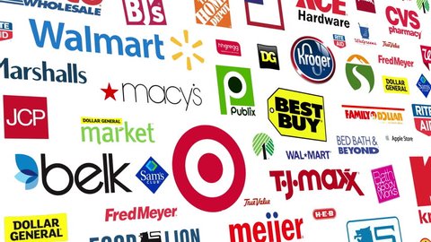 Editorial animation: Seamlessly loopable animation of a compilation of major US retail chains.

All logos and trademarks remain property of their respective owners. 
Editorial only.