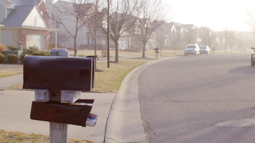 Woman collects letters with male partner from their mailbox in a typical suburb of the USA