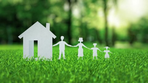White paper house with family animation on green nice summer grass mortgage concept with mask alpha matte isolate you can easily change color on post