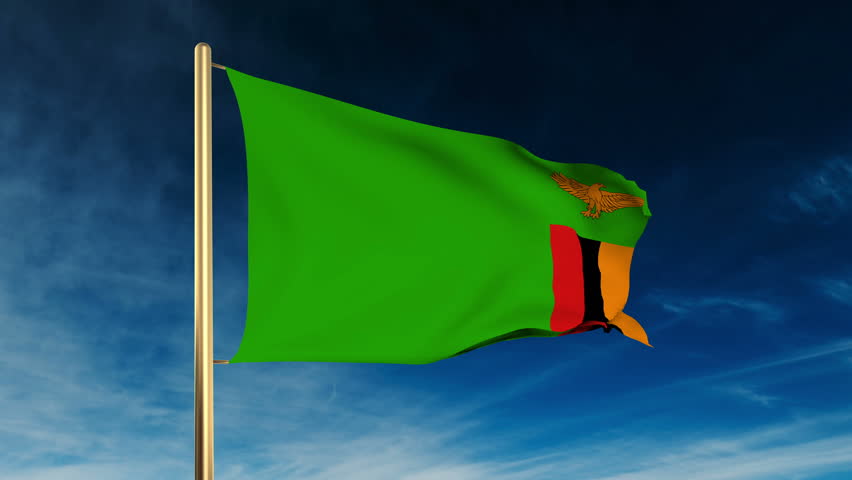 Zambia flag slider style. Waving in the wind with cloud background animation