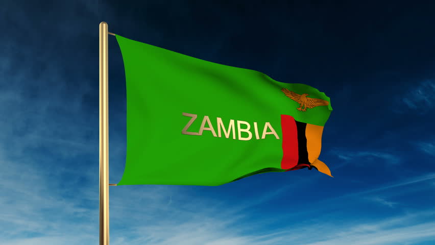 Zambia flag slider style with title. Waving in the wind with cloud background animation