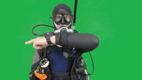 Dive instructor shows sing:SWIMMING
 also a available on the green screen all of diving sings from course  with full dive gear (open water diver) all background from movies separately in portfolio. 
