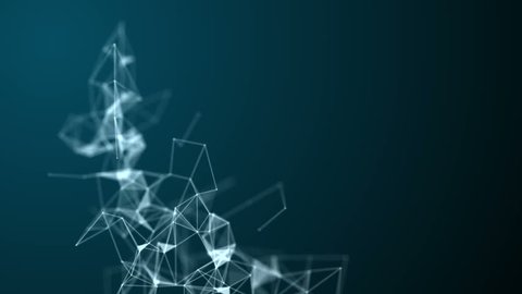 Abstract molecular structure with polygonal objects in 3D space on dark blue background. Looped animation