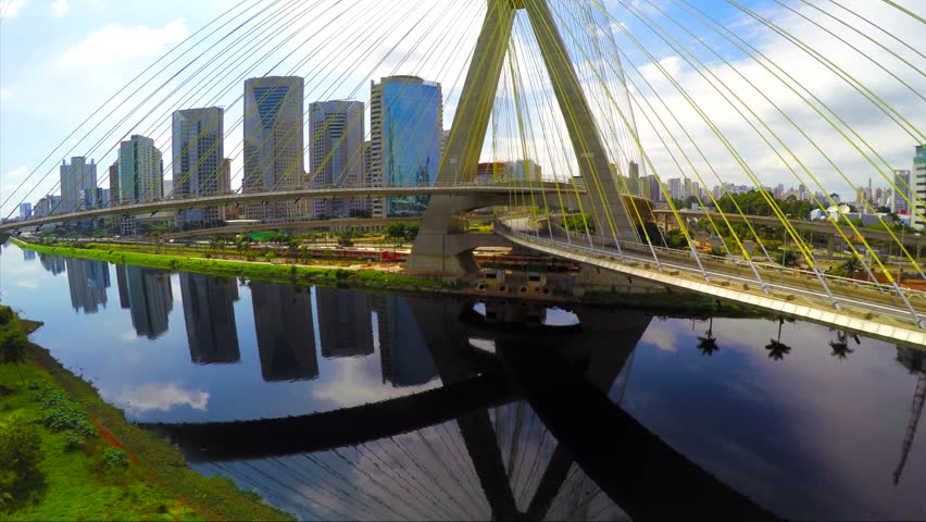 Aerial View of The Octavio Frias de Oliveira bridge or Ponte Estaiada in the city of Sao Paulo, Brazil