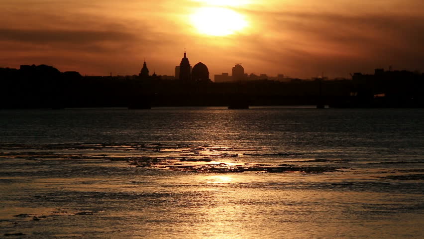 Sunset on the Neva River in St. Petersburg, Russia. Full HD
