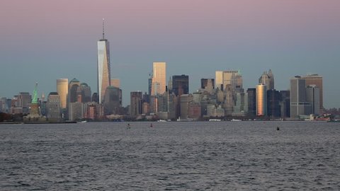 New York - CIRCA NOVEMBER 2014: Statue of Liberty, One World Trade Center and Downtown Manhattan across the Hudson River