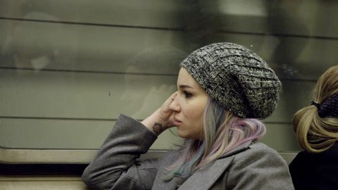 Raver Lady Commuting in New York City - Woman Riding MTA Subway Train - Pretty Urban Girl with Dyed Hair 4K