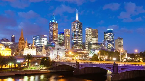 Melbourne, Australia - April 2, 2015: 4k hyperlapse, motion timelapse, video of downtown Melbourne, Australia from sunset to night