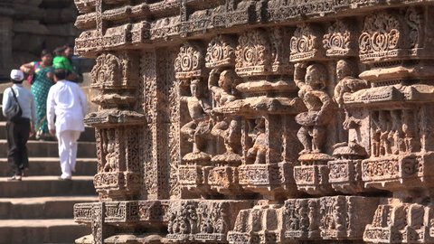 KONARK, INDIA - 4 DECEMBER 2014: Details of sculptures on the Konark Sun Temple. The temple was built in the 13th century and is now a Unesco world heritage site.