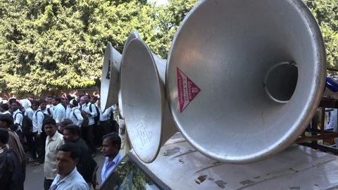 BHUBANESWAR, INDIA - 2 DECEMBER 2014: Large speakers during a teachers protest against low wages in Bhubaneswar.