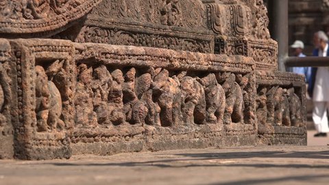 KONARK, INDIA - 4 DECEMBER 2014: Details of sculptures on the Konark Sun Temple. The temple was built in the 13th century and is now a Unesco world heritage site.