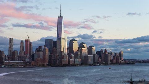 New York - CIRCA NOVEMBER 2014: One World Trade Center and Downtown Manhattan across the Hudson River, time-lapse