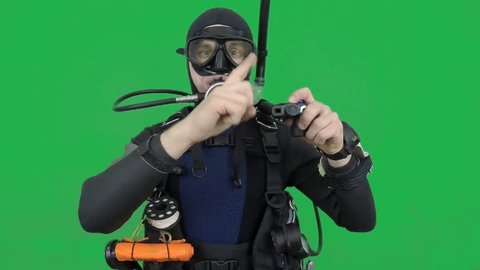 Diving skill- divemaster  shows INFLATOR ,also a available on the green screen all of diving sings from course (open water diver)