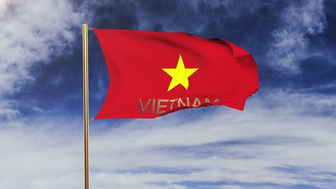 Vietnam flag with title waving in the wind. Looping sun rises style.  Animation loop