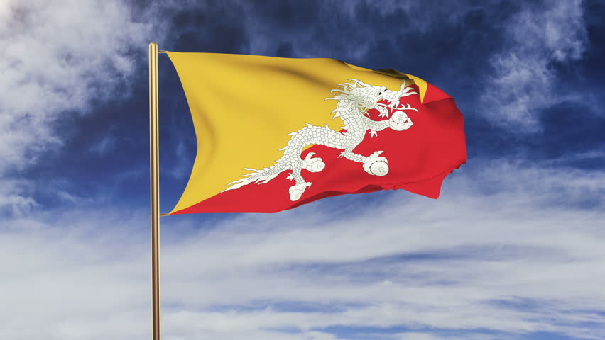 Bhutan flag with cloud waving in the wind. Green screen, alpha matte. Loopable animation