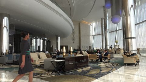 ABU DHABI, UAE - 21 JANUARY 2015: Hotel lobby and restaurant in the modern Etihad Towers in Abu Dhabi.