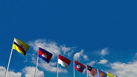 Camera motion of Southeast asia countries ( ASEAN ) and Asean Economic Community (AEC) flags waving on blue sky and cloud background, 3D animation