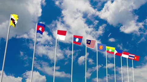 Southeast asia countries ( ASEAN ) and Asean Economic Community (AEC) flags waving on blue sky and cloud background, 3D animation