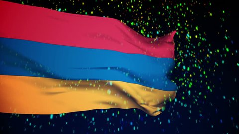 Armenia Flag slowly waving in the wind. Silk material. Fairy snow night. Seamless, 8 seconds long loop.