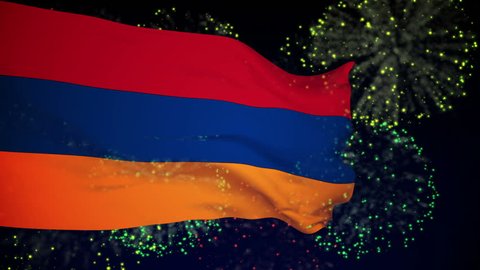 Armenia Flag slowly waving in the wind. Silk material. Night fireworks. Seamless, 8 seconds long loop.