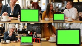 4K MONTAGE (4 VIDEOS) -notebook and tablet green screen - 2 platforms - business woman and young couple in cafe 