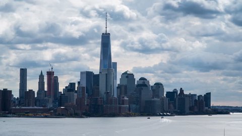 New York - CIRCA NOVEMBER 2014: One World Trade Center and Downtown Manhattan across the Hudson River, time-lapse Stock Video