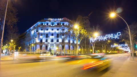 barcelona night light busy traffic crossroad 4k time lapse spain