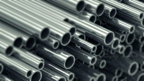 Looping Animation of Stack Steel Metal Tubes. Full HD 1920x1080 Video Clip. Selective Focus