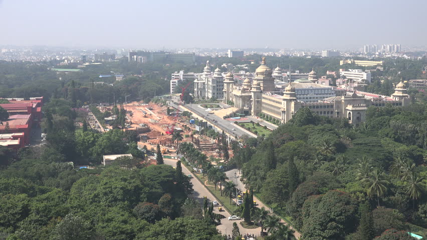 Overview of the large Vidhana Soudha, seat of the state legislature of Karnataka province in India. The construction site in front of the building is a station for the new Bangalore Metro.
