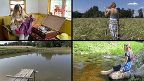 Summer holiday. Woman pack wear. Girl jump into water. Refreshing in brook stream. Walk between wheat. Montage of video footage clips collage. Split screen. Black angular frame. 4K UHDTV 2160p
