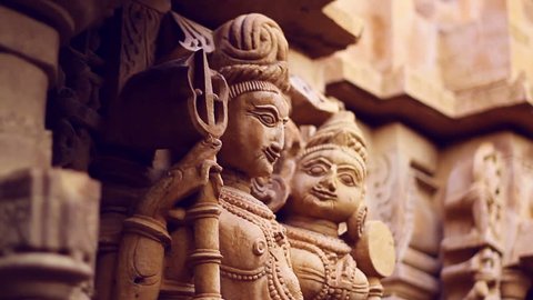 Sandstone sculptures of a Jain temple in Jaisalmer, Rajasthan, India. Tilt shot with shallow depth-of-field.
