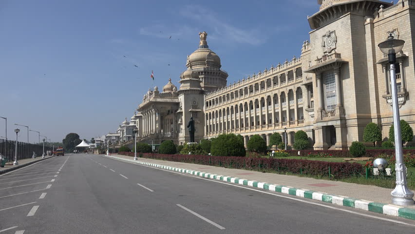 Overview of the large Vidhana Soudha, seat of the state legislature of Karnataka province in India. 