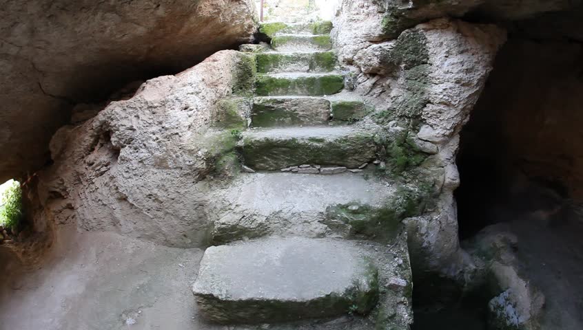 A limestone cave with stairs