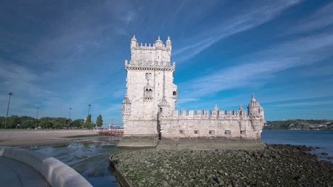 Belem Tower is a fortified tower located in the civil parish of Santa Maria de Belem in Lisbon, Portugal timelapse hyperlapse with clouds 4K