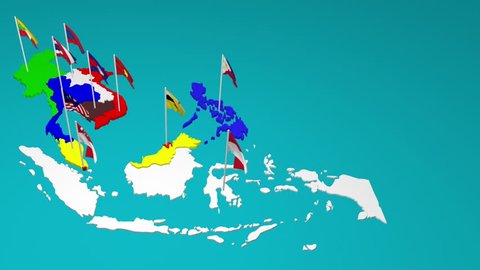 Southeast asia countries ( ASEAN ) map and flags waving on green background, 3D animation