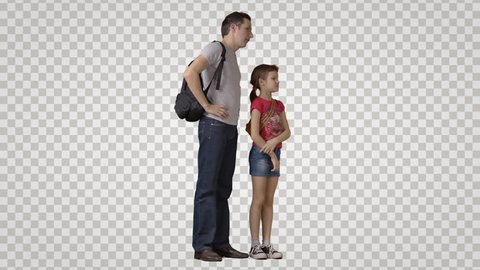 Adult man with & little girl stand, look at attractions, talk. Footage with alpha channel. File format - mov. Codec - PNG+Alpha Combine these footage with other people to make crowd effect