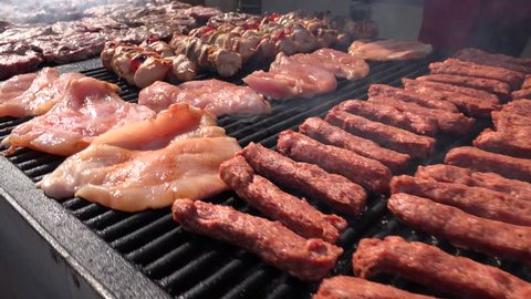 4K Grill, Frying Fresh Meat, Chicken Barbecue, Sausage, Kebab, Hamburger, BBQ at Picnic