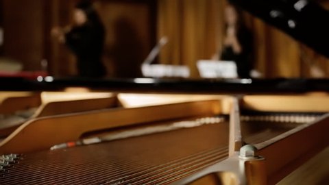 A classical music concert rehearsal (an event in preparation for a performance). Behind-the-scenes footage, shot from the inside of a grand piano (in focus), showing the musicians (out of focus).