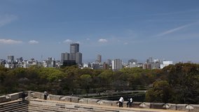Time Lapse Shot Osaka Aerial View Skyline Castle Park People Visit Panorama Day